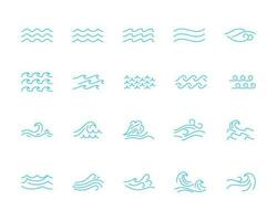 Different Types Water Wave Blue Thin Line Icon Set. Vector