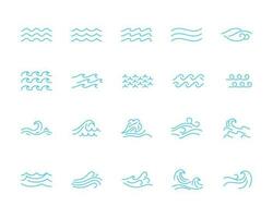 Different Types Water Wave Blue Thin Line Icon Set. Vector