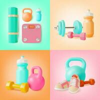 3d Health and Fitness Concept Cartoon Style Banner Poster Card Set. Vector