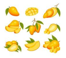 Cartoon Color Mango with Leaves and Slices Icon Set. Vector