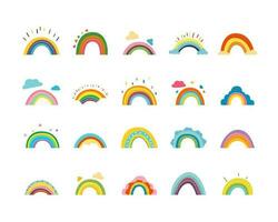 Cartoon Color Different Types Cute Rainbow Icon Set. Vector