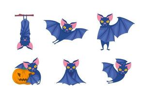 Cartoon Color Characters Halloween Bats Set. Vector