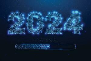 New year 2024 loading. Loading bar. Low poly style design. Numbers from a polygonal wireframe mesh. Abstract vector illustration on dark background