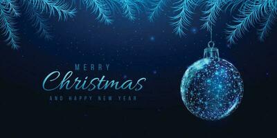 Wireframe Christmas ball and Christmas tree branches, low poly style. New Year banner. Abstract modern 3d vector illustration on blue background.