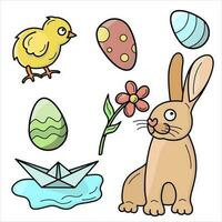 Set of vector color illustrations on the Easter theme with black outline.