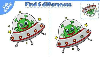 Find 6 differences game for children. Cartoon cute alien in flying saucer. Page of activity book for kids. Puzzle for preschool and school education. Isolated vector illustration on space theme.