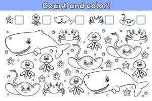 Kids math counting game with sea animals. Count cartoon whales, starfishes, jellyfishes, crabs and stingrays. Educational worksheet for children. Vector black and white outline. Page of coloring book.