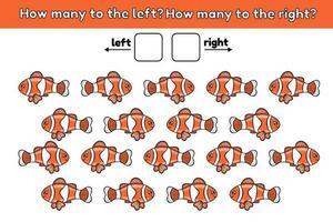 How many fish swim to the left and how many to the right. Math counting game for kids. Educational worksheet for preschool and school children. Sheet of activity book with sea animals. Vector. vector