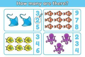 Math educational game for children. How many are there sea animals. Count ocean animals and choose the correct number. Counting task for kids. Cartoon cute stingrays, octopuses and fishes. Vector. vector