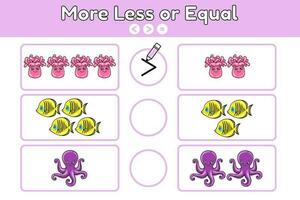 Math educational game for children. Learning kids counting and algebra. Exercise with cartoon jellyfishes, octopuses, fishes. Count sea animals and write down sign choose more, less or equal. Vector. vector