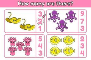 Counting math game for children. Count how many sea animals and choose correct number. Page of activity book for preschool kids education. Cartoon stingrays, jellyfishes, octopuses, fishes. Vector. vector