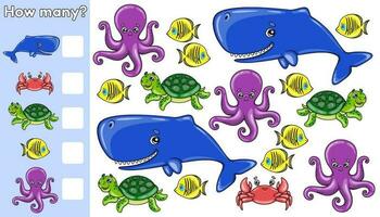 Counting game. Kids math game. How many sea animals. Count cartoon octopuses, turtles, crabs, whales and fishes. Educational worksheet for preschool and school children. Page of activity book. Vector. vector