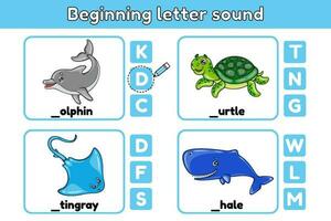 Educational game for kids with sea animals. Worksheet for learning English. Choose beginning letter words. Spelling training children. Cartoon dolphin, turtle, stingray, whale. Vector illustration.