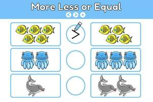 Math educational game for children. Learning kids counting and algebra. Exercise with cartoon jellyfishes, dolphins, fishes. Count sea animals and write down sign choose more, less or equal. Vector. vector