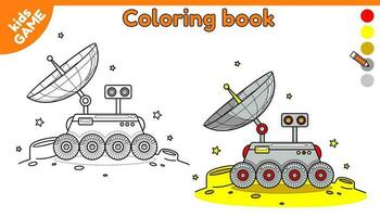 Page of coloring book for kids. Color cartoon cartoon lunar rover on moon in space. Black and white outline lunokhod. Paint the picture. Puzzle for preschool and school children. Vector design.