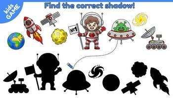 Kids Game. Find the correct shadow. Puzzle for preschool and school education. Activity book for children. Cartoon cosmonaut girl, alien, planet Earth and other. Isolated vector design on space theme.