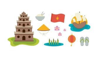 Set with symbols of Vietnam. Noodles, tower, flag, lilies, lantern, rice, boat, flip flops, Asian hat. Vector illustration on a white background.