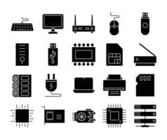 computadora y hardware icono colocar. sólido icono vector