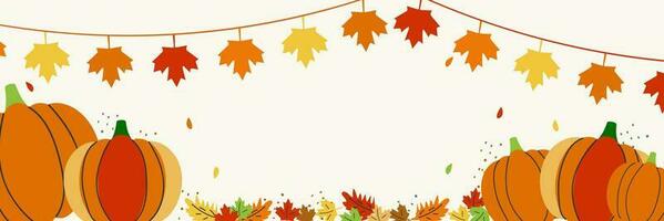 Autumn pumpkins and maple leaves background. Autumn background with stroked elements for thanksgiving day. Vector Illustration