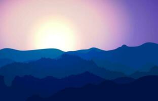 Dawn in the mountains landscape. Solar glow against the backdrop of forest and mountains. Beautiful nature. Panoramic mountain view. Vector illustration.