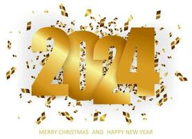 Happy New Year 2024. Numbers 2024 with golden confetti.. Festive Christmas background. .Vector vector