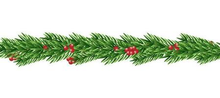 Christmas garland of realistic spruce branches Spruce garland with red berries. Holiday background. Vector