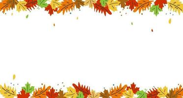 Autumn background with place for your text. Autumn seasonal background with long horizontal border made of falling autumn yellow, red and orange colored leaves isolated on background. Vector