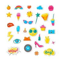 Cartoon Color Different Pop Art Fashion Chic Patches Icon Set. Vector