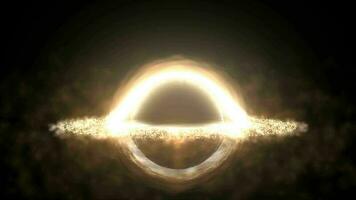 luminosa nero buco nel Aperto spazio con Filatura energia particelle, cosmico sfera nel giallo colore raggiante astratto sfondo video