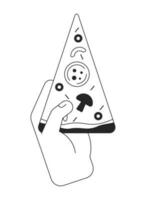 Hand holding pizza slice bw concept vector spot illustration. Fast food 2D cartoon flat line monochromatic hand for web UI design.editable isolated outline hero image