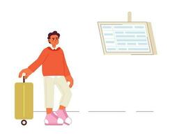 Hispano viajero con maleta semi plano color vector personaje. editable lleno cuerpo persona mirando en monitor con calendario en blanco. sencillo dibujos animados Mancha ilustración para web gráfico diseño