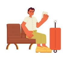 Optimistic traveler looking on smartphone semi flat color vector character. Editable full body person sitting on wooden bench on white. Simple cartoon spot illustration for web graphic design