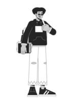 Happy latinamerican student with rucksack flat line black white vector character. Editable outline full body person. Stylish young man campus simple cartoon isolated spot illustration for web design