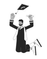 Jumping male student in graduation gown flat line black white vector character. Editable outline full body person. Graduate holding diploma simple cartoon isolated spot illustration for web design