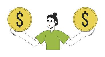 linda asiático mujer participación monedas en manos plano línea color vector personaje. equilibrar en finanzas. editable contorno lleno cuerpo persona en blanco. sencillo dibujos animados Mancha ilustración para web gráfico diseño