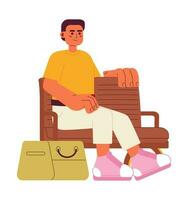 Excited indian man on wooden bench semi flat color vector character. Editable full body person with handbag waiting on white. Simple cartoon spot illustration for web graphic design