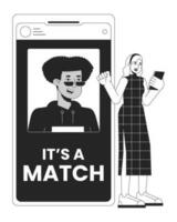 Online dating app bw concept vector spot illustration. Relationships. Woman matching with man 2D cartoon flat line monochromatic character for web UI design.editable isolated outline hero image