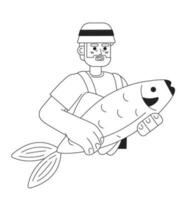 Old fisherman holding big fish flat line black white vector character. Editable thin line half body happy man on white. Simple bw cartoon spot image for web graphic design