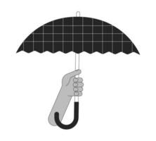 Hand holding opened umbrella flat monochrome isolated vector object. Accessory protect form weather. Editable black and white line art drawing. Simple outline spot illustration for web graphic design