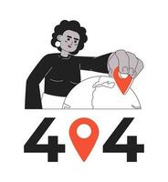 mujer seleccionando sitio en globo negro blanco error 404 destello mensaje. GPS navegador en mapa. monocromo vacío estado ui diseño. página no encontró surgir dibujos animados imagen. vector plano contorno ilustración concepto