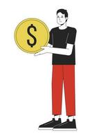 Young optimistic man holding golden coin flat line color vector character. Editable outline full body person accumulate money on white. Simple cartoon spot illustration for web graphic design