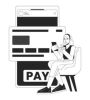 en línea bancario bw concepto vector Mancha ilustración. mujer pago para compras por crédito tarjeta 2d dibujos animados plano línea monocromo personaje para web ui diseño.editable aislado contorno héroe imagen