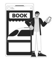 Tourist buying tickets on train bw concept vector spot illustration. Online app. Using smartphone 2D cartoon flat line monochromatic character for web UI design.editable isolated outline hero image