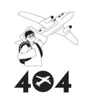 Asian man looking on plane black white error 404 flash message. Monochrome empty state ui design. Page not found popup cartoon image. Vector flat outline illustration concept