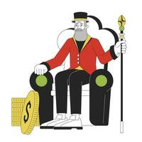 Mysterious old man sitting on throne flat line color vector character. Editable outline full body person with staff and golden coins on white. Simple cartoon spot illustration for web graphic design