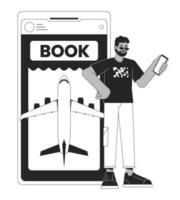 Buying tickets on plane online by smartphone bw concept vector spot illustration. Man planning trip 2D cartoon flat line monochromatic character for web UI design.editable isolated outline hero image