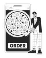 Online ordering food bw concept vector spot illustration. Man buying pizza by smartphone 2D cartoon flat line monochromatic character for web UI design.editable isolated outline hero image