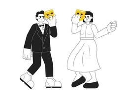 Theater actors with tragedy and comedy masks fmonochromatic flat vector characters. Editable thin line full body acting people on white. Simple bw cartoon spot image for web graphic design