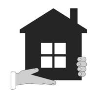 Hand holding apartment flat monochrome isolated vector object. Real estate building. Editable black and white line art drawing. Simple outline spot illustration for web graphic design