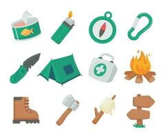 Set of camping elements. Tents, bonfires and equipment for resting in the forest vector